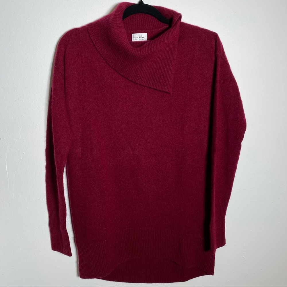 Nicole Miller Cashmere Burgundy Split Cowl Neck Sweater Long Length Oversized S